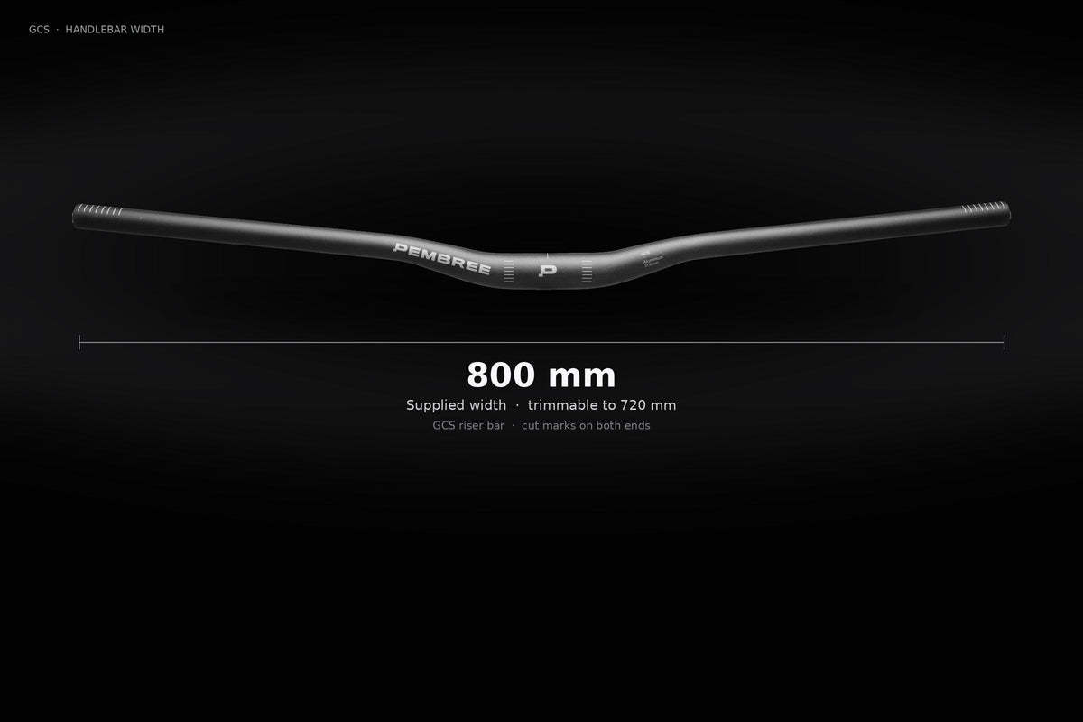PEMBREE GCS handlebar width guide — 800 mm supplied, trimmable to 720 mm with cut marks
