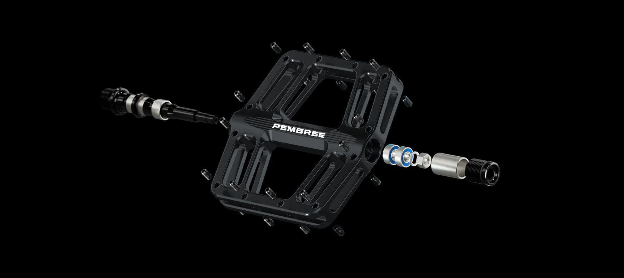 Exploded black PEMBREE D3A pedal, revealing the body, spindle, pins and internal components